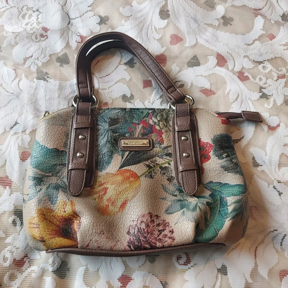 Koltov Floral Satchel Handbag Tan Brown Faux Leather Multi Pocket Bag Womens